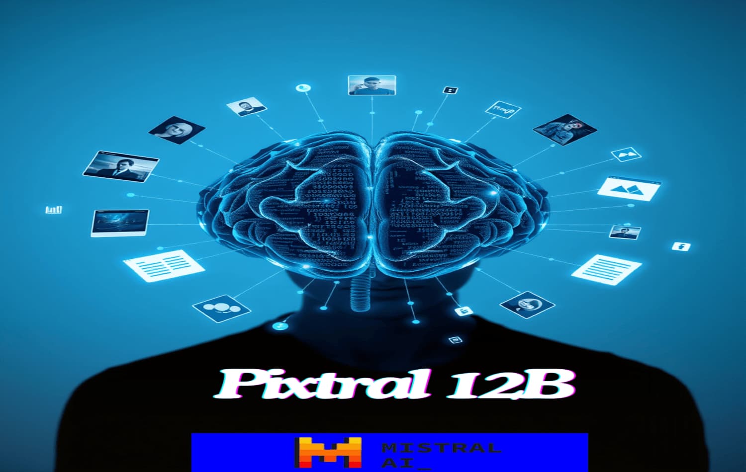 صورة لنموذج Pixtral 12B من Mistral مع دماغ رقمي يعرض معالجة الصور والنصوص