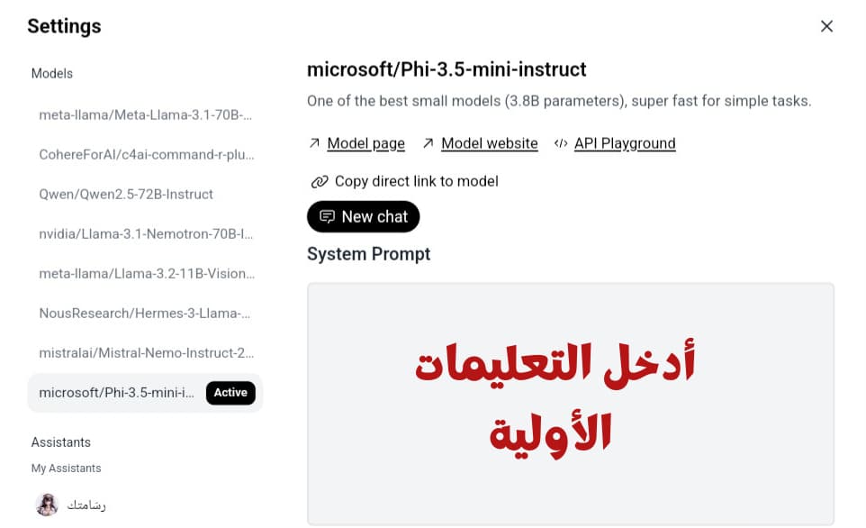 إعدادات نماذج الذكاء الاصطناعي في هاجنج شات، حيث يمكن إدخال التعليمات الأولية "System Prompt"